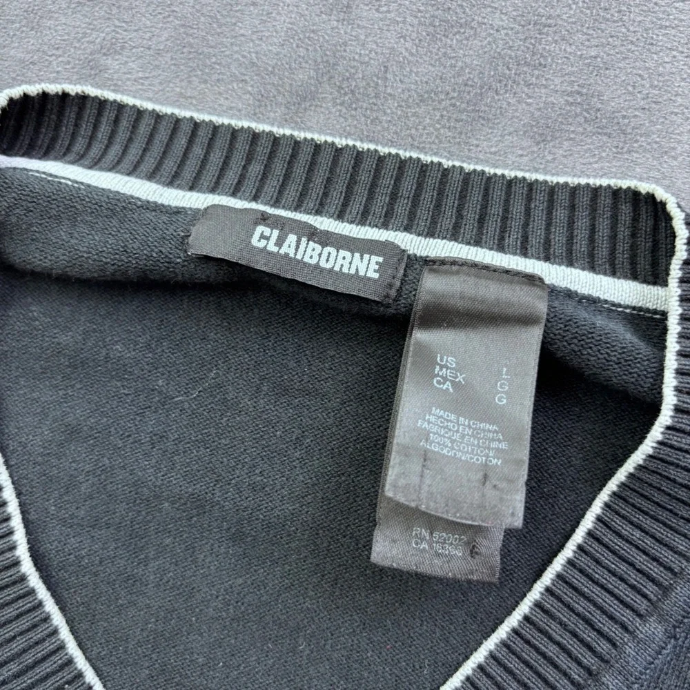 Claiborne Mens V-Neck Sweater Black Argyle Diamond Cotton Knit Pullover Large